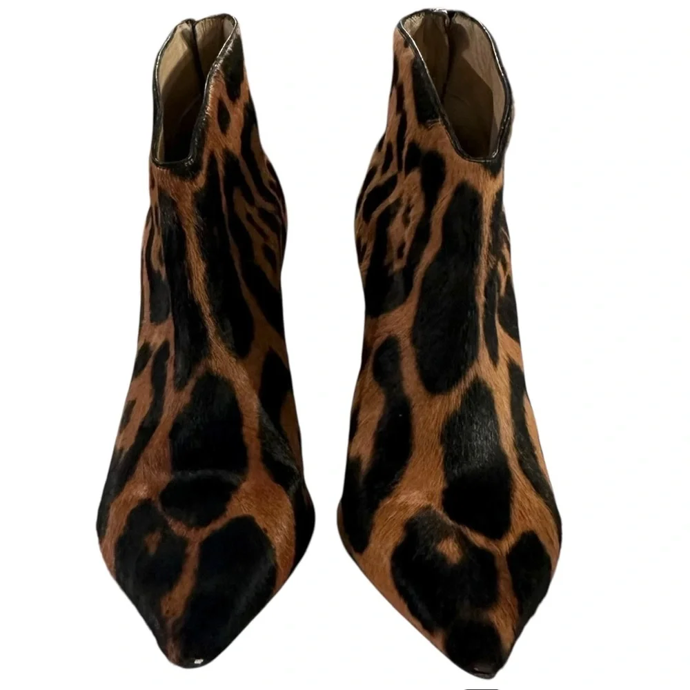 Tamara Mellon Charge Calf-Hair Leather Pointed Toe Leopard Ankle Boots, Size36.5